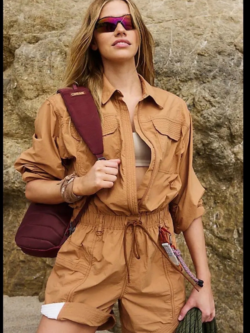 Free People FP Movement Brown Nylon Utility Romper Shortsie Medium NWOT